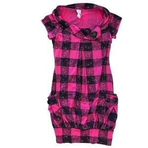 1990s 5-7-9 Pink Plaid Cowl Neck Boatneck Button Mini-Dress / Vintage Tunic Top